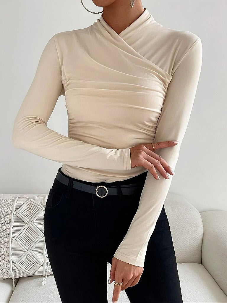 Cross Collar Pleated Slim Long Sleeve Top