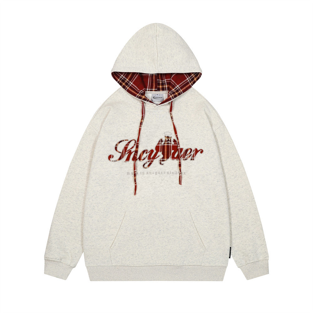 Plaid Applique Letter Hooded Sweatshirt