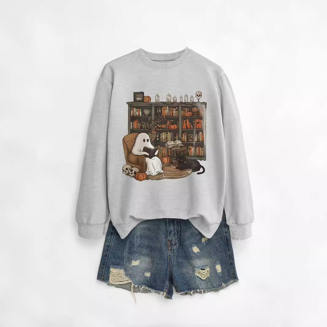 Cozy Black Cat Bookshelf Halloween Sweatshirt