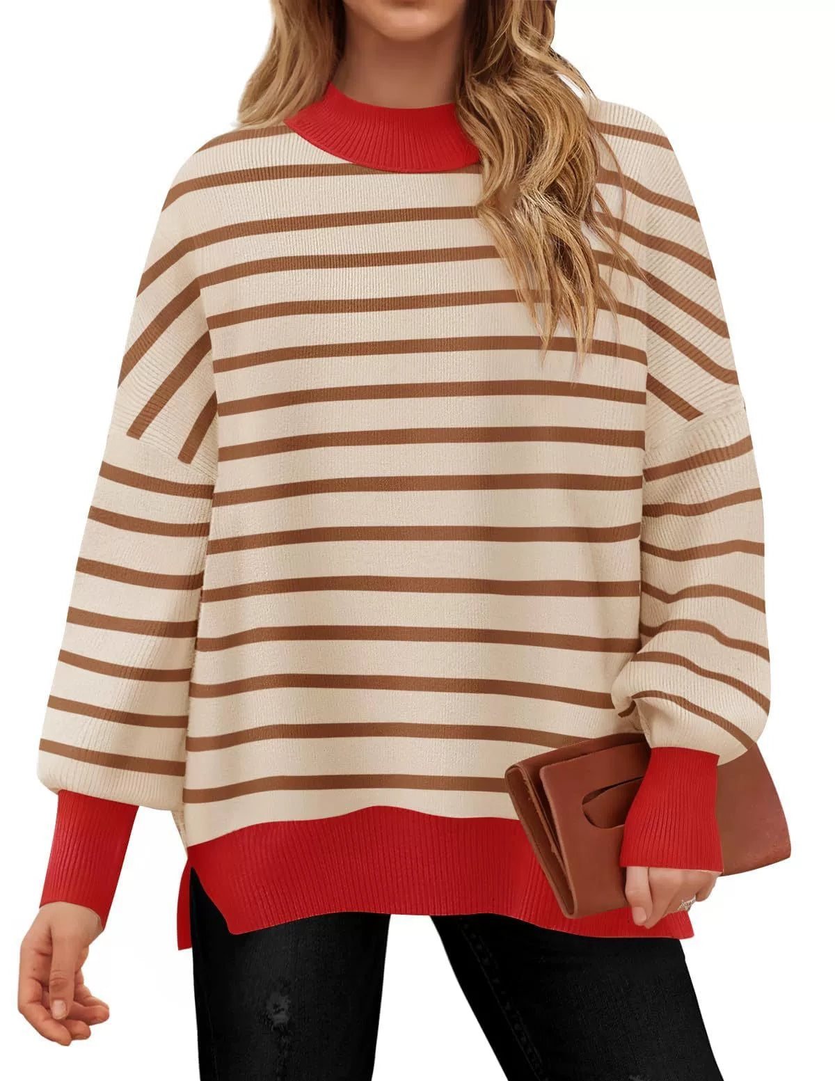 European and American Contrasting Round Neck Striped Long Sleeved Pullover Sweater for Women's Casual Loose Knit Sweater