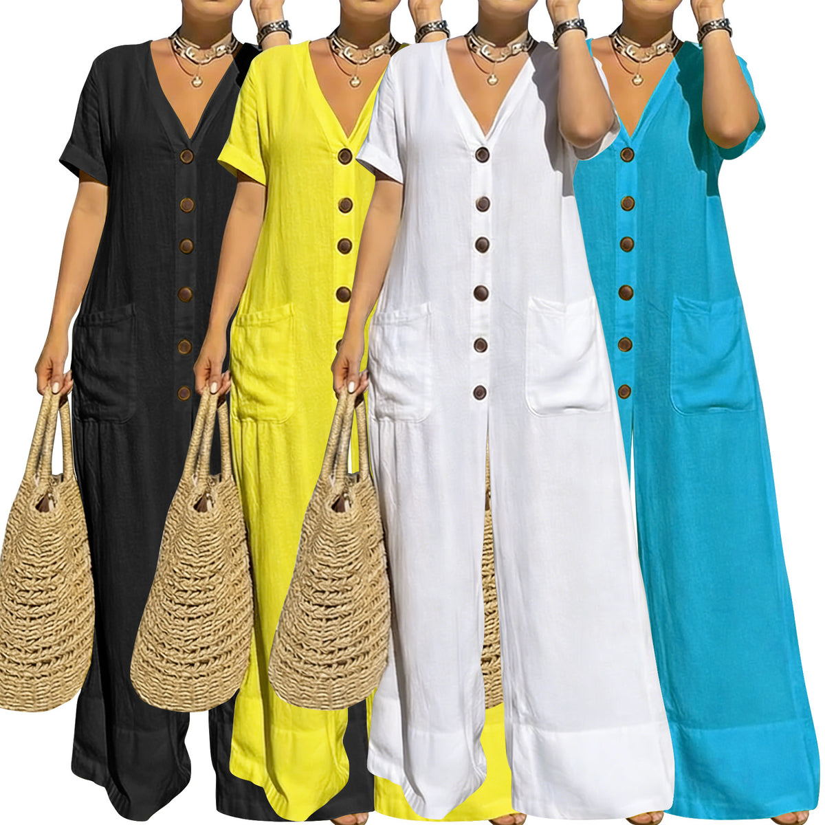 Plus Size Casual V-Neck Button Wide-Leg Jumpsuit
