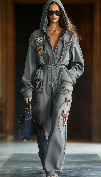Vintage Distressed Denim Hooded Jumpsuit