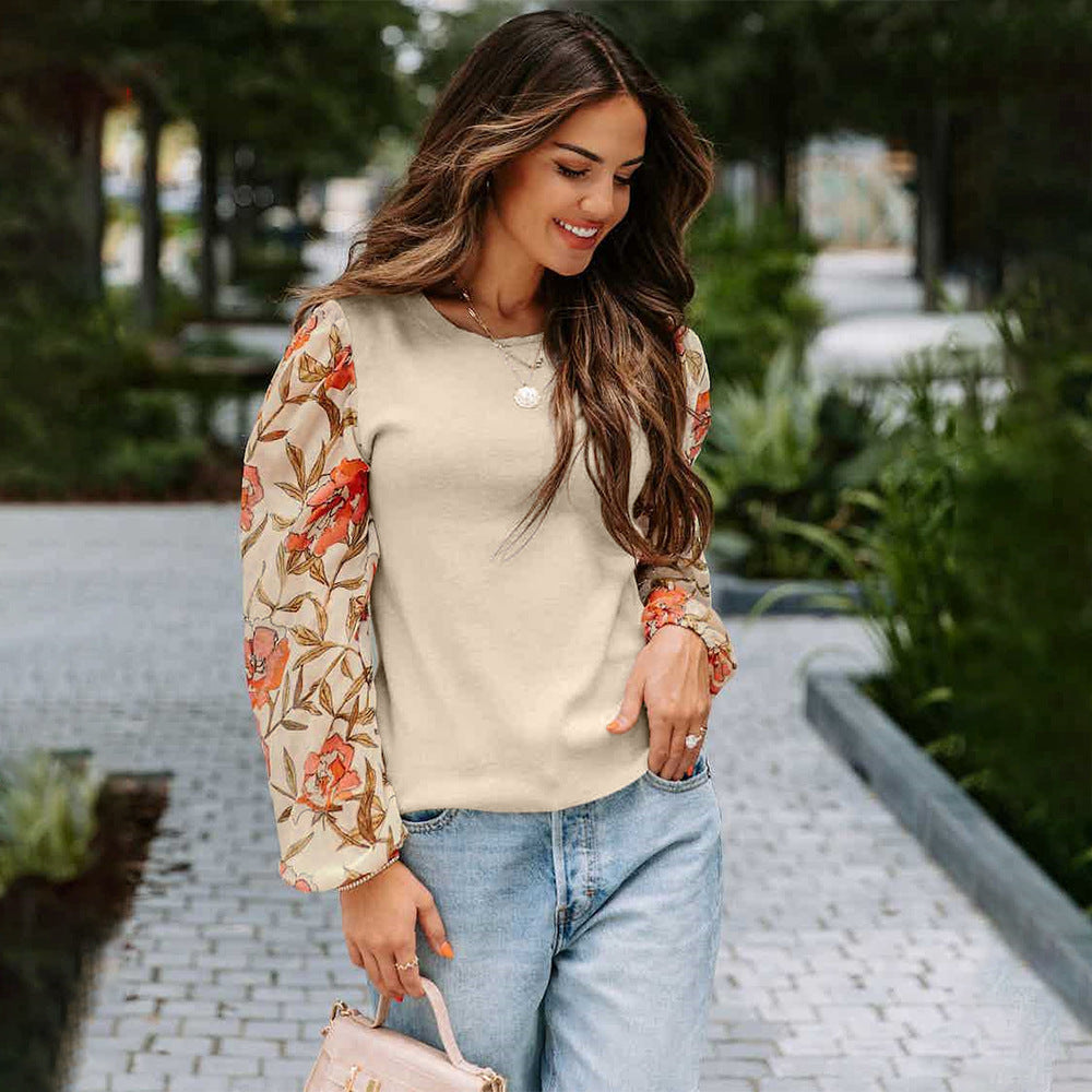 Chic Printed Lantern Sleeve Casual Pullover Sweater