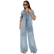 Stretchy Washed Denim Long-Sleeve Flared Jumpsuit