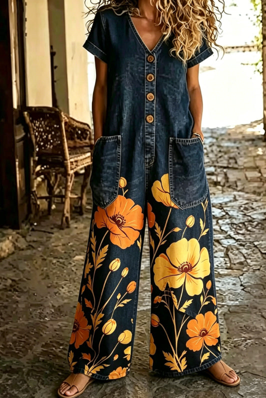 Casual Denim Wide-Leg Short Sleeve Jumpsuit with Pockets