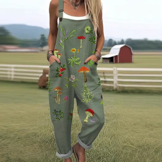Women's Sweet Digital Print Button Suspender Casual Pants