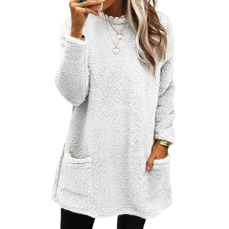 Women's Casual Pocket Long Sleeve Velour T-Shirt Dress