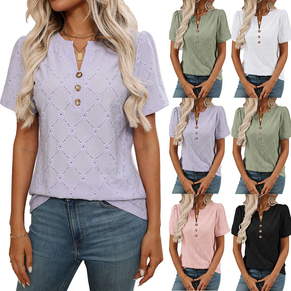 Floral Jacquard Button-Down Round Neck T-Shirt – Loose Fit