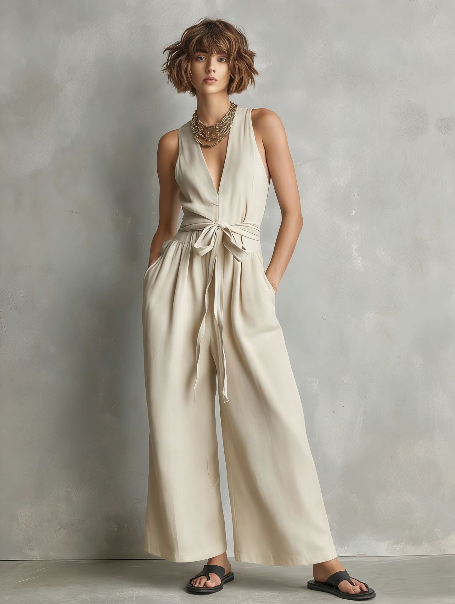 Elegant V-Neck Sleeveless Commuter Jumpsuit