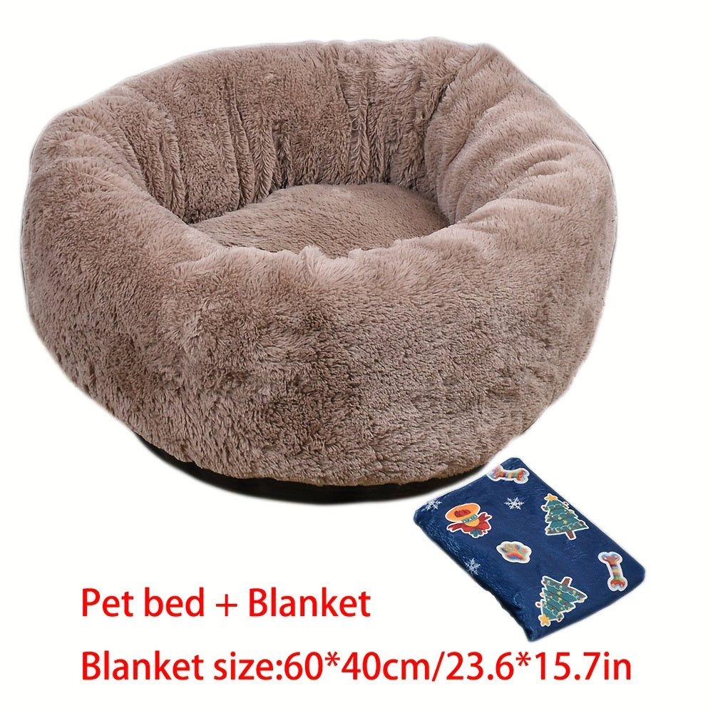 2Pcs Plush Dog & Cat Bed, Winter Warm Pet Round Nest For Small Pets + Christmas Floral Blanket (23.62*15.75Inch), Pet Bed, Cozy Pet Nest, Floral Design, Festive Pet Accessory, Plush Material, Cat L...