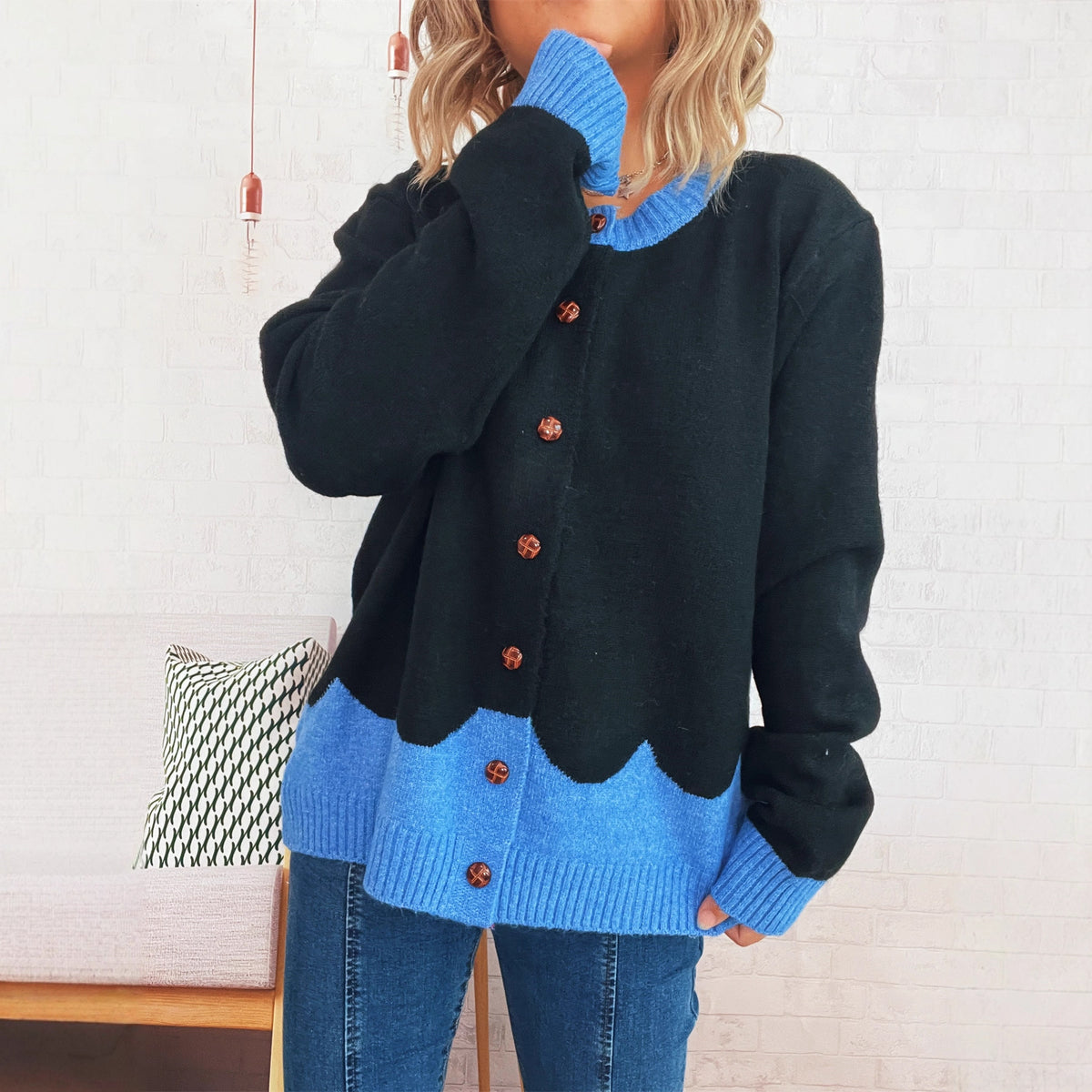 Color Effect Collar Single-breasted Casual Loose Knitted Cardigan Casual Sweater