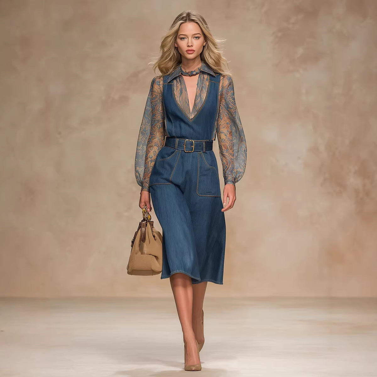 Women's Blue Denim Jumpsuit High Waist Loose Fit with Pockets