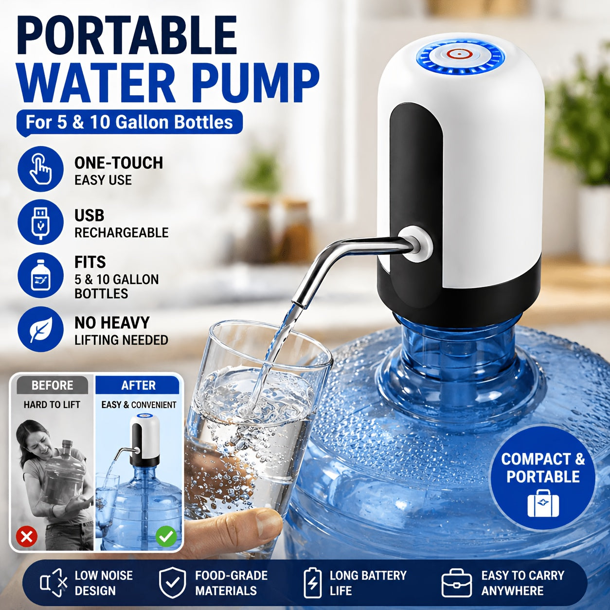 Portable USB Rechargeable Water Pump for 5‑ and 10‑Gallon Bottles, One‑Touch Automatic Dispenser