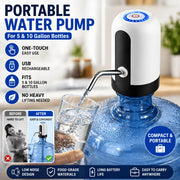 Portable USB Rechargeable Water Pump for 5‑ and 10‑Gallon Bottles, One‑Touch Automatic Dispenser