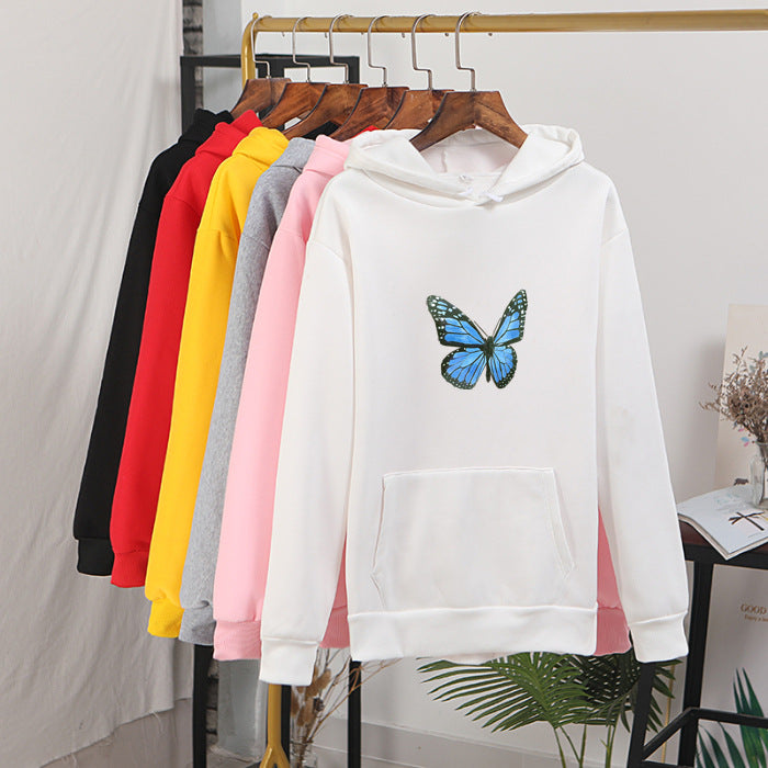 Cozy Fleece-Lined Butterfly Print Pullover Hoodie
