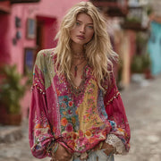 Chic Printed V-Neck Women's Long-Sleeve Top