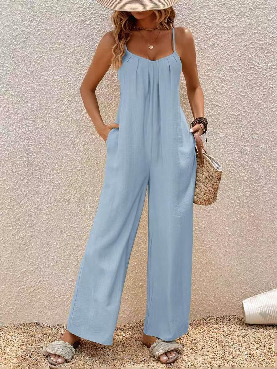 Elegant Solid Color Adjustable Strap Vacation Jumpsuit