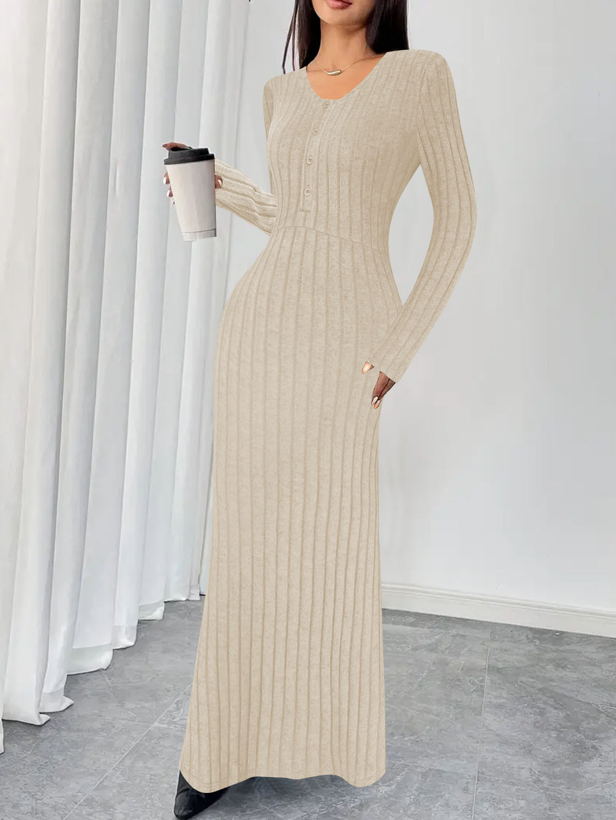 Ribbed Knit V-Neck Half-Button Maxi Dress
