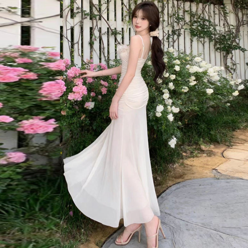 Womens Mesh Strap Slimming Pleated Sheath Dress