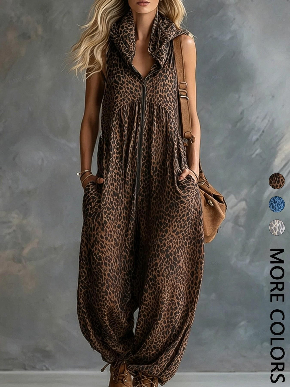 Fashionable Casual Urban Apricot Leopard-Print Hooded Chiffon Jumpsuit