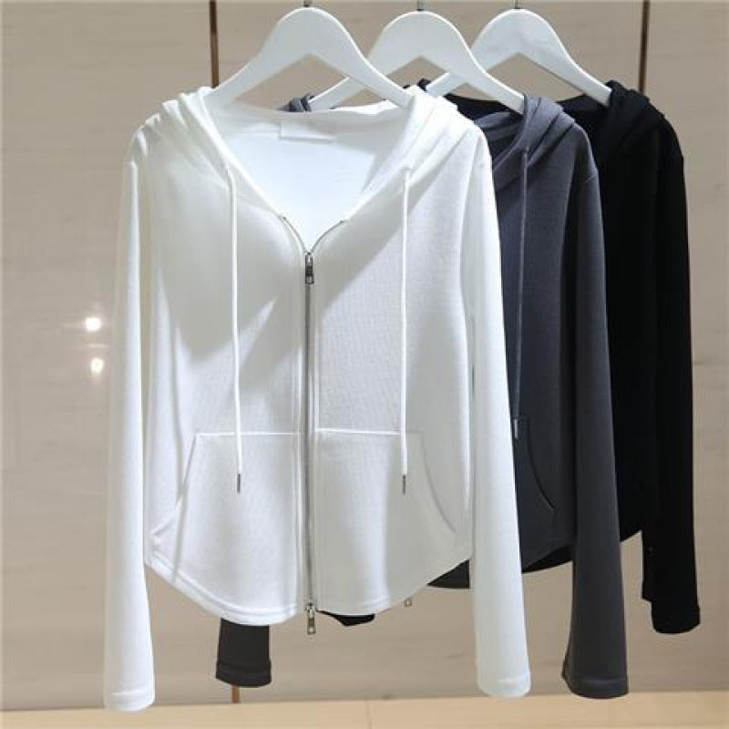 White Hooded Long Sleeve Zip-Up Crop Sweater