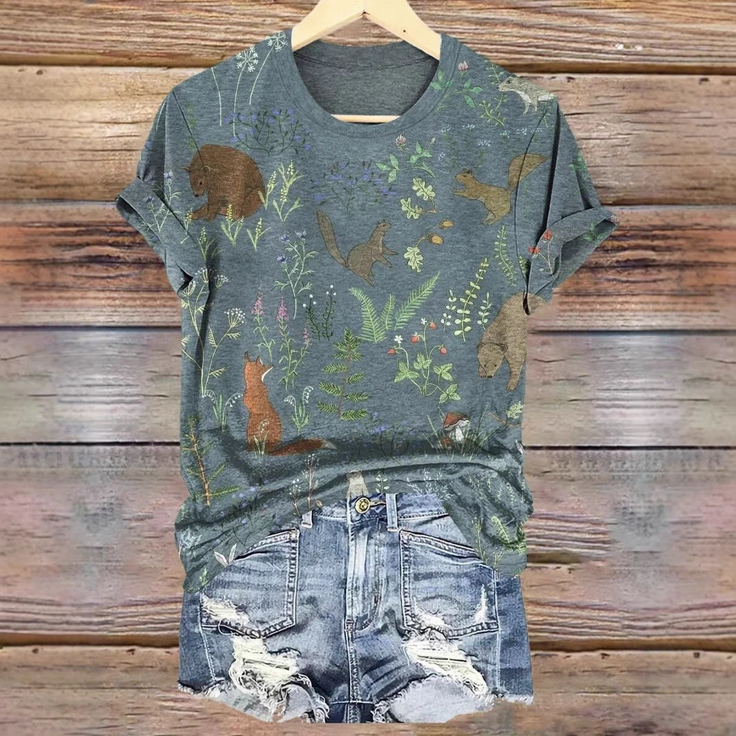 Slim-Fit 3D Print Short Sleeve Top – Trendy Casual Women's Tee