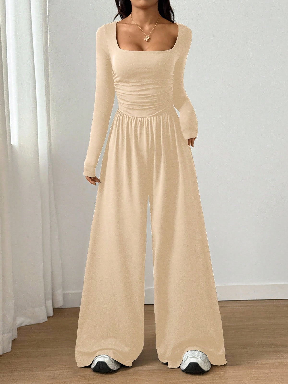 2026 Spring Fall Women's Casual Solid Color Square Neck Long Sleeve A-Line Jumpsuit Pleating Wide Leg Loose Mopping Jumpsuit