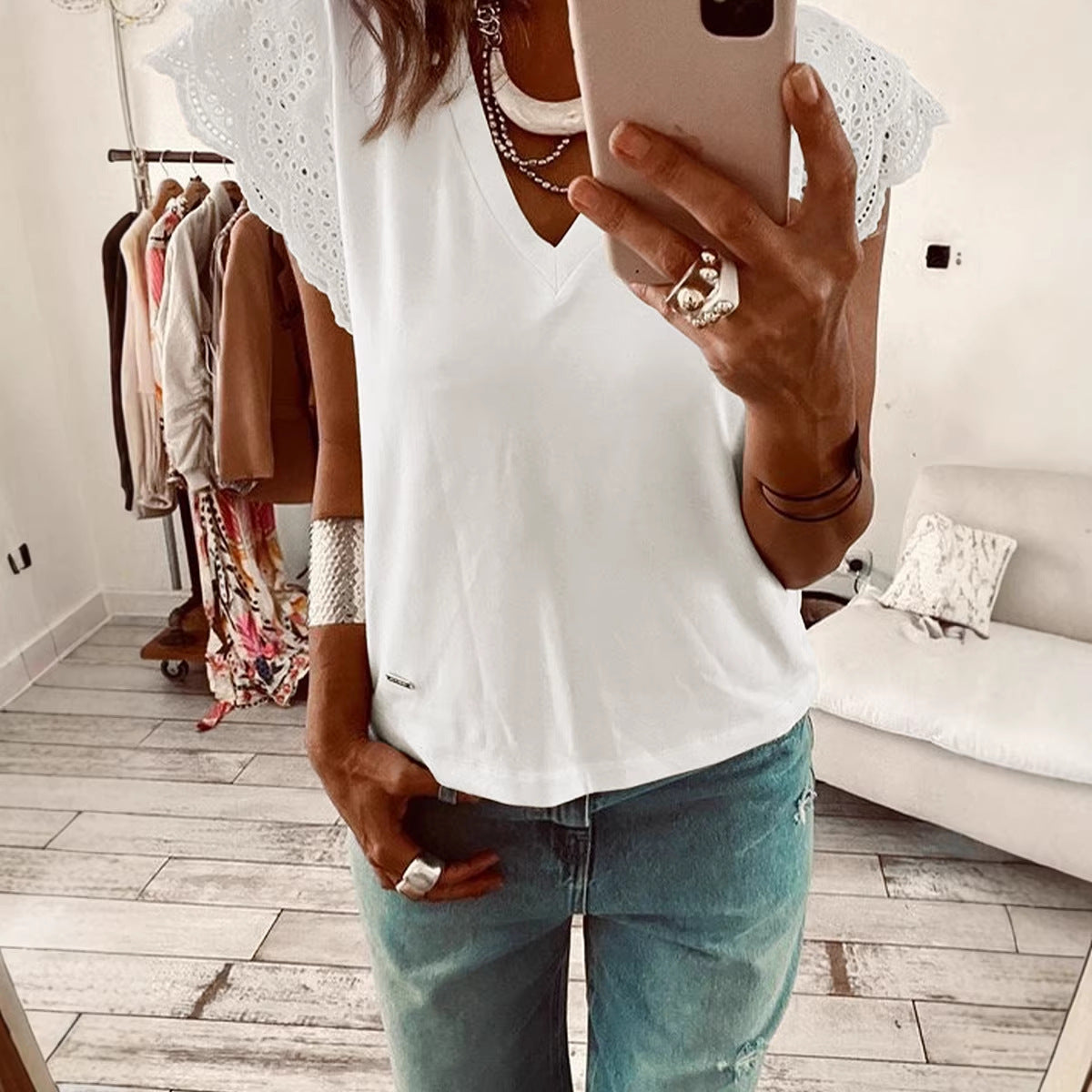 Women's Versatile Solid-Color V-Neck Ruffle-Trim Shirt