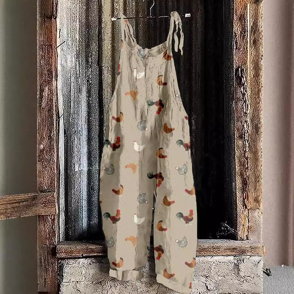 Vintage Sweet Print Loose Suspender Pants for Women
