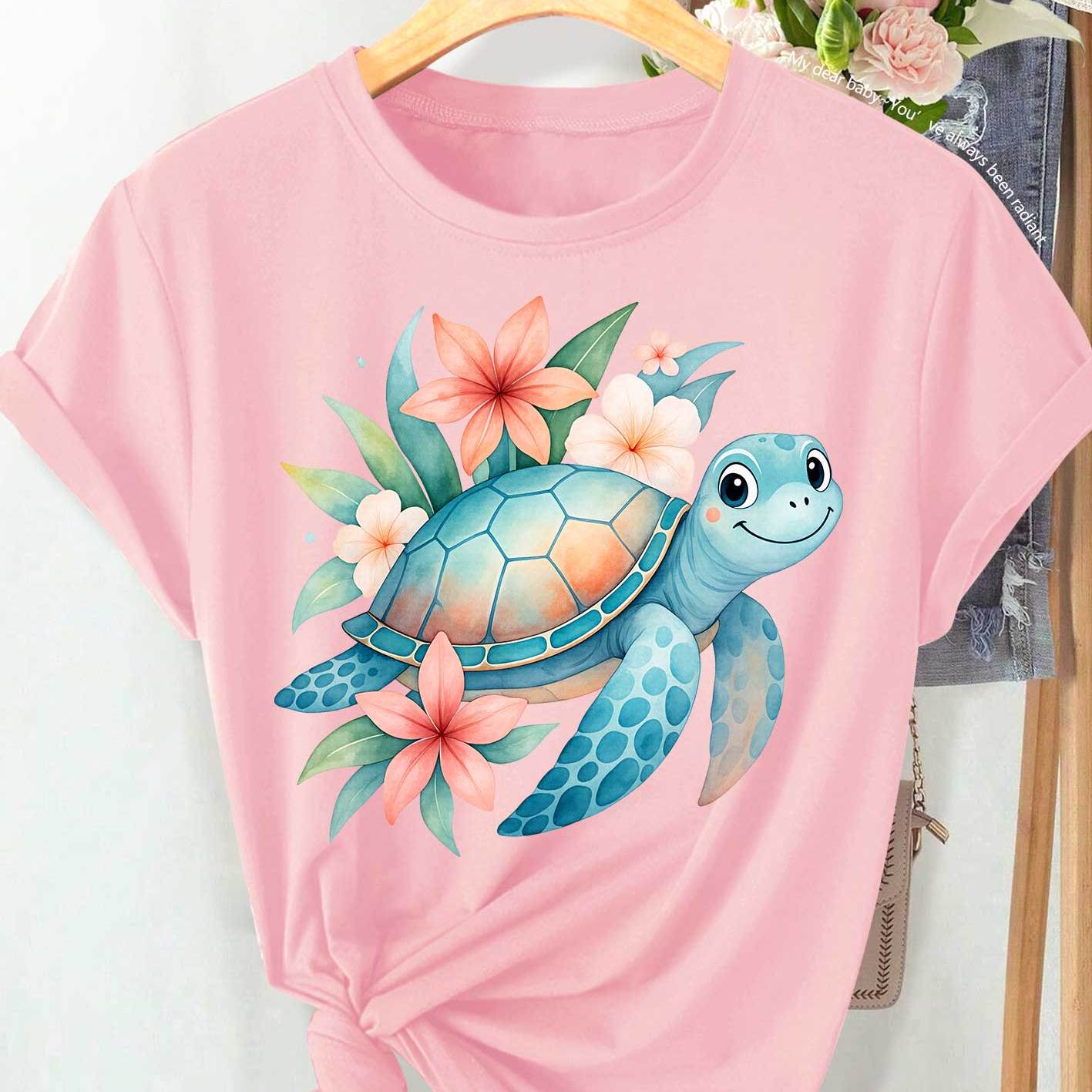 Women's Short Sleeve Round Neck Tunic with Smiling Sea Turtle and Tropical Floral Print