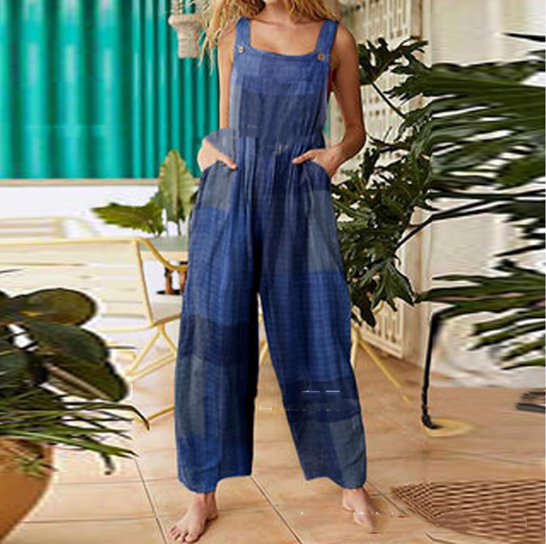 Retro Printed Button Strap One-piece Trousers
