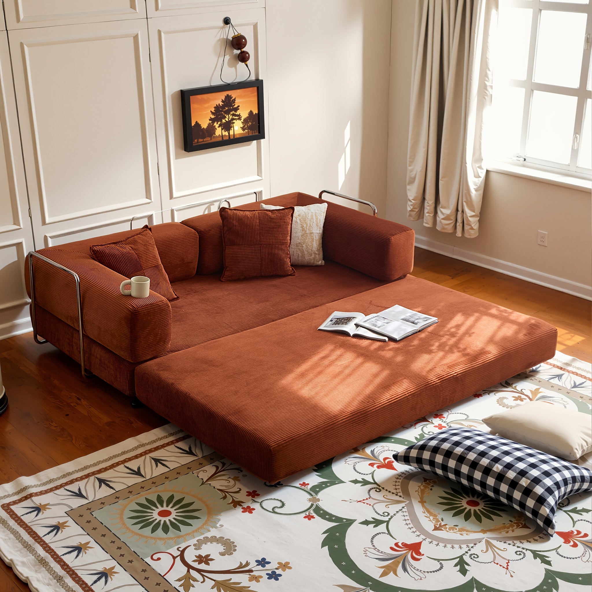 Modular L-shaped chaise longue sofa bed with deep seat and corduroy upholstery