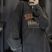 Retro Distressed Washed Cotton Women's Pullover Sweater