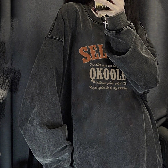 Retro Distressed Washed Cotton Women's Pullover Sweater