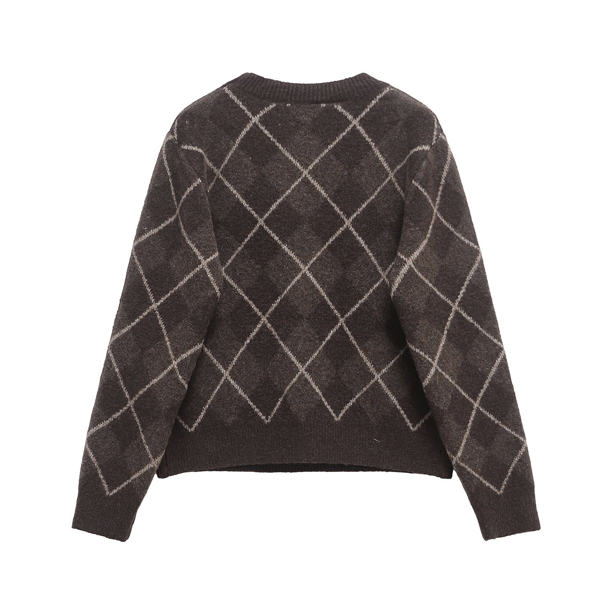 Womens Winter Crew-neck Coffee-colored Diamond-plaid Textured Long-sleeve Sweater
