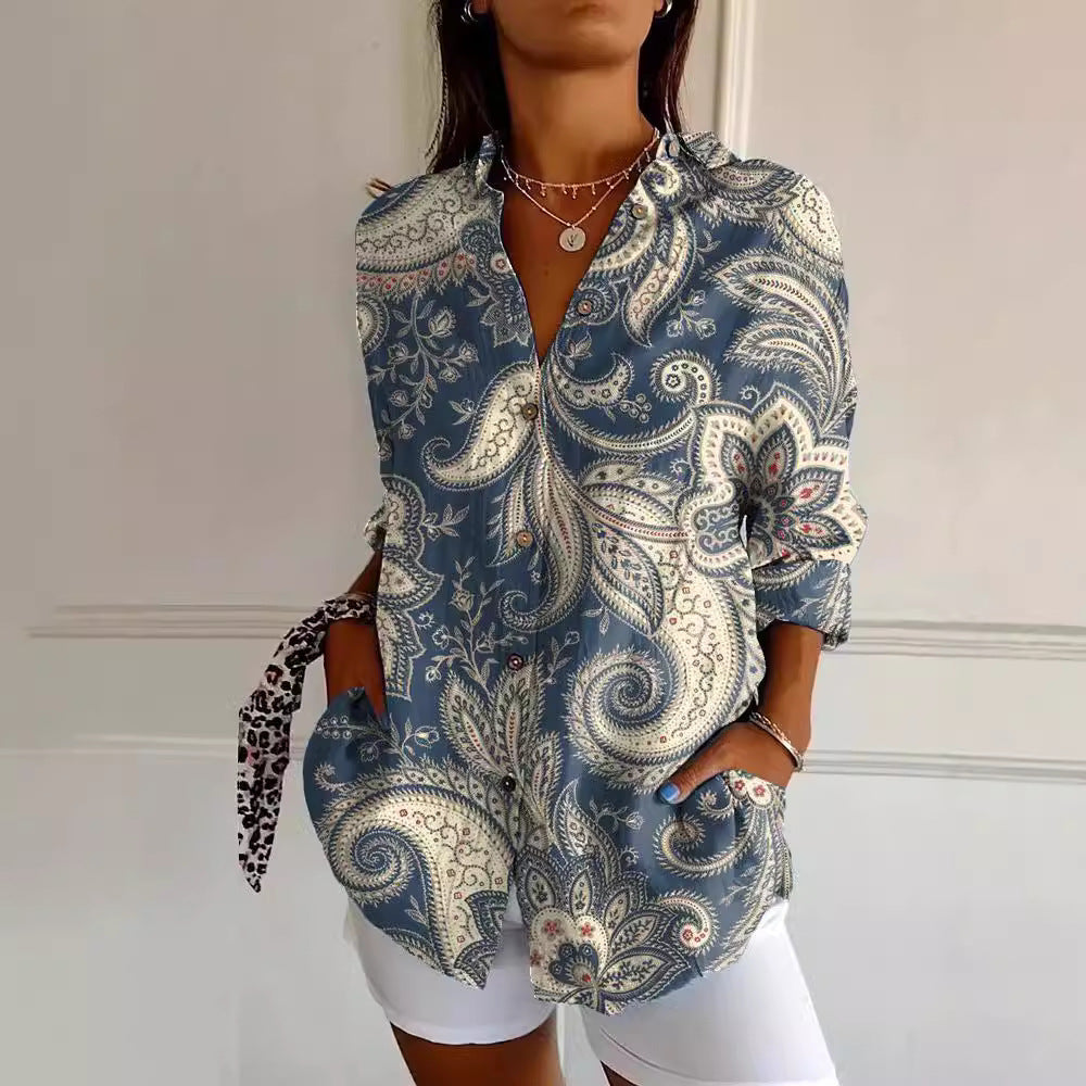 Women's Summer European And American Seven-sleeve Floral Pattern Printed 3D Shirt