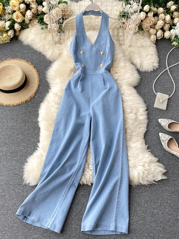 Elegant Neck-hanging Sleeveless Open-back High-waist Slimming Wide-leg Pants