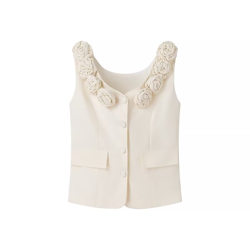Female Fashion Single-breasted Three-dimensional Flower Vest Jacket