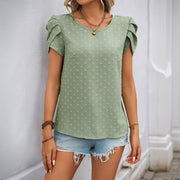 Mint Green Petal Sleeve Jacquard Pullover – Elegant Short‑Sleeve Top