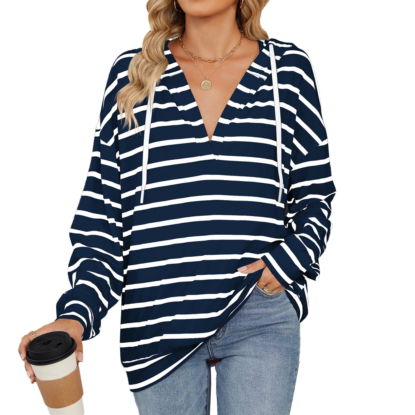Women's Striped Drawstring Long Sleeve Hoodie Sweatshirt