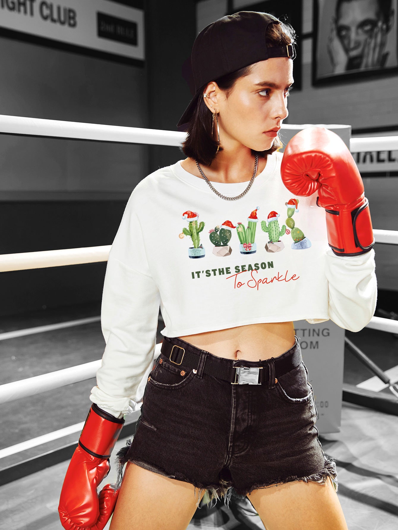 Women's Festive Christmas Cropped Casual Long Sleeve Sweater