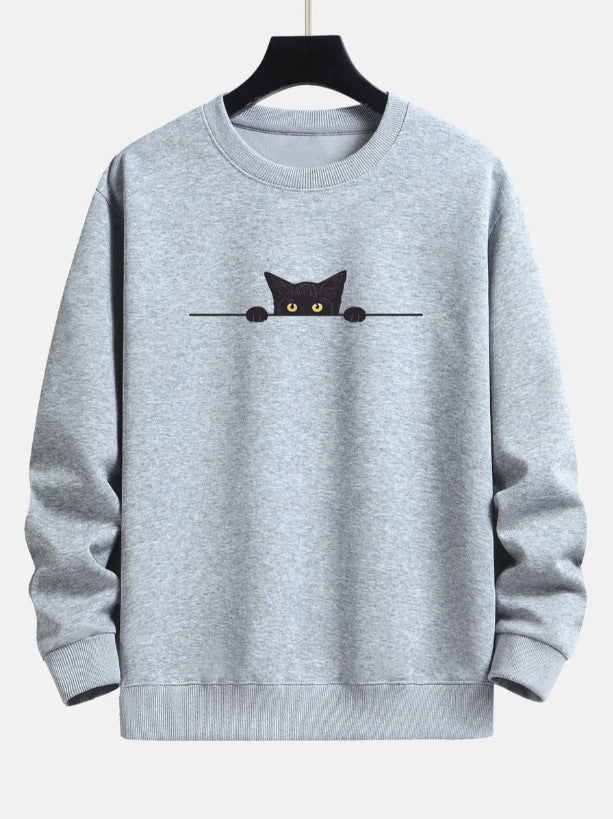 Cute Cat Print Round Neck Pullover Sweater
