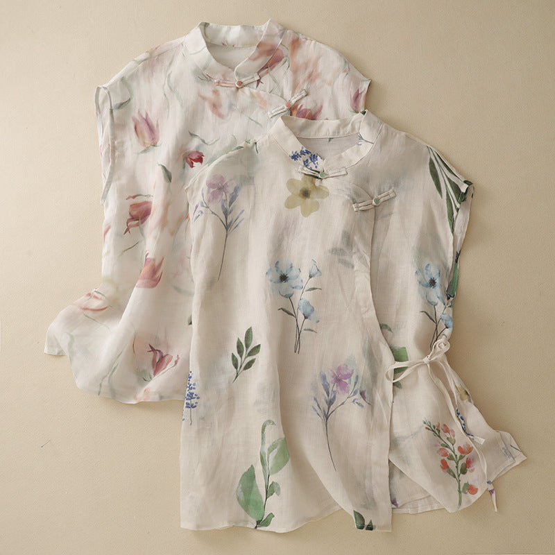 Real-shot In-stock Artistic Cotton-linen Printed Sheer Blouse Vintage Lightweight And Cool-chic Top