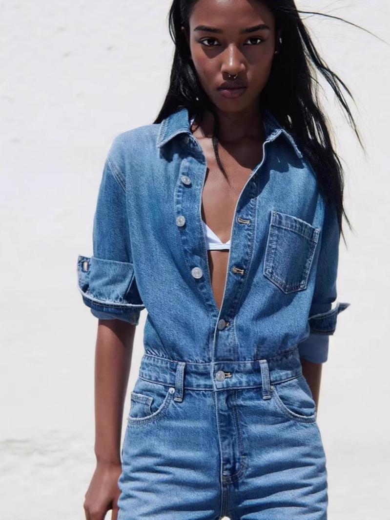 Women's Stylish Denim Long Jumpsuit with Turn-Down Collar