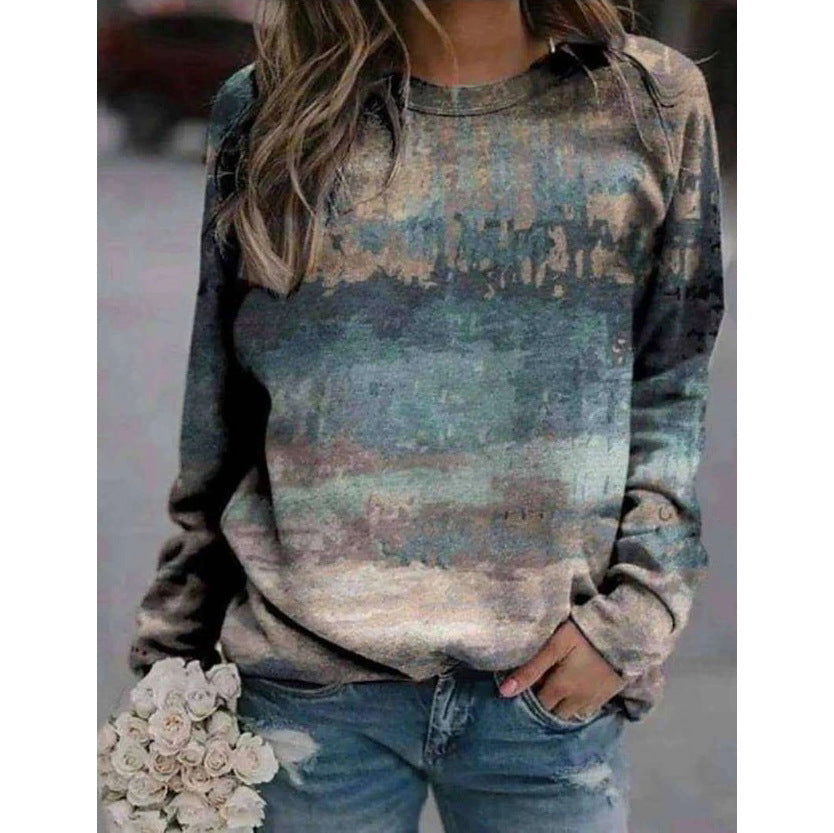 Floral Landscape Print Long Sleeve Streetwear Pullover