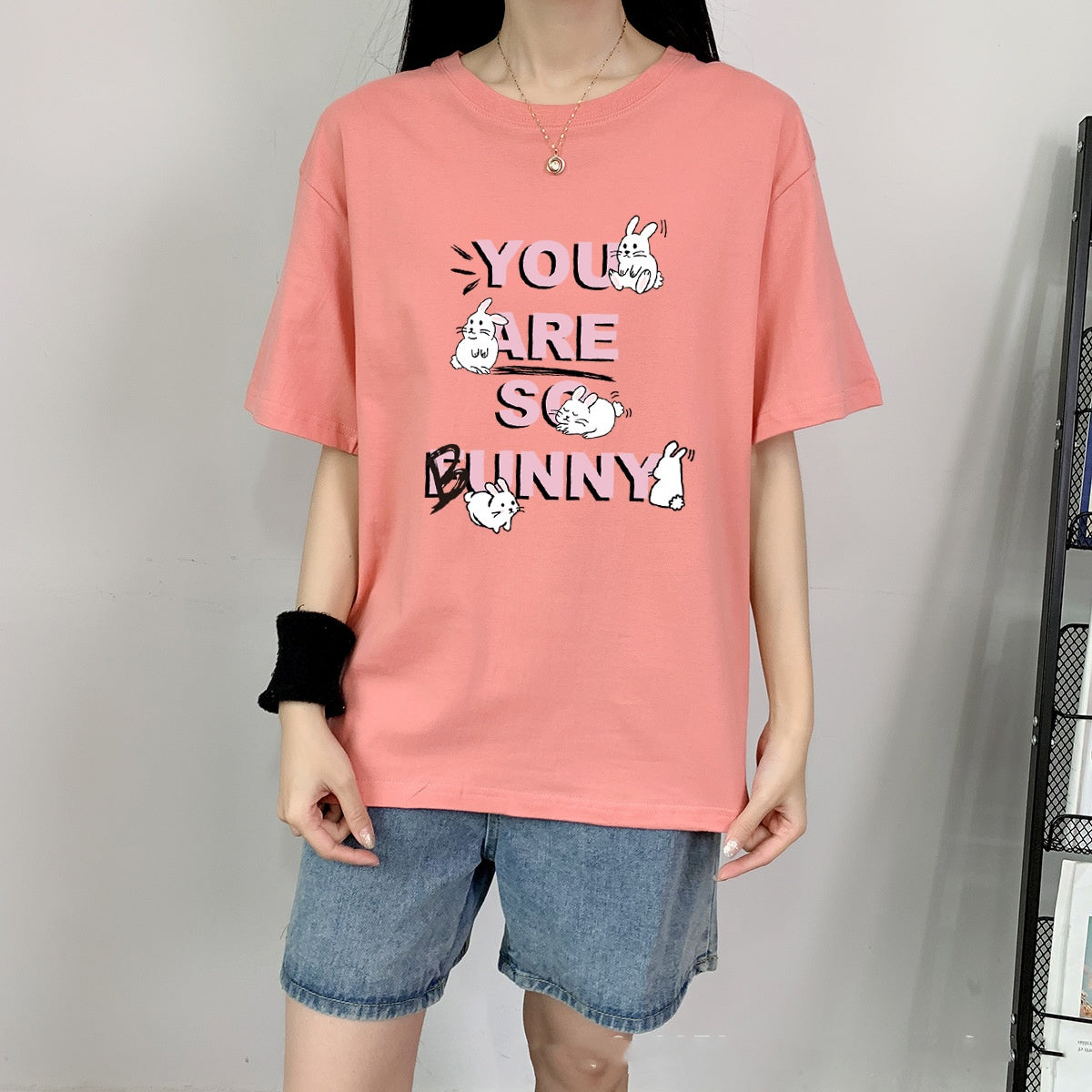 Cute Rabbit Print Cotton Short Sleeve Tee