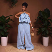 Striped Lace-Up Backless Halter Wide-Leg Jumpsuit