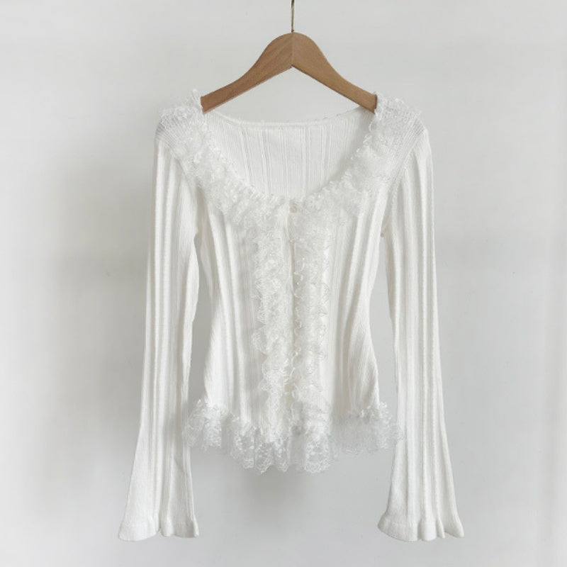 Wooden Ear Lace Stitching U-collar Knitted Top
