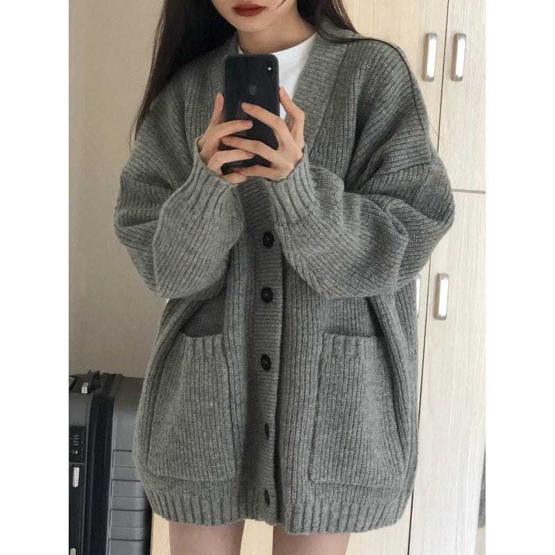 Womens Solid-color Loose-fit Korean-style Knitted Sweater
