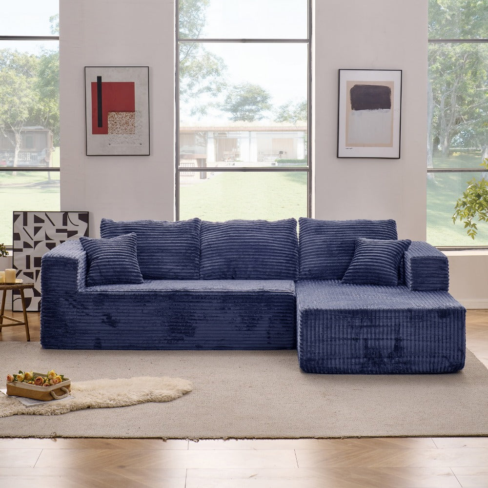 Modular L-shaped chaise longue sofa bed with deep seat and corduroy upholstery
